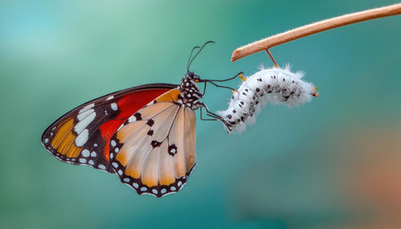 butterfly and caterpillar on green background, closeup of photoの素材