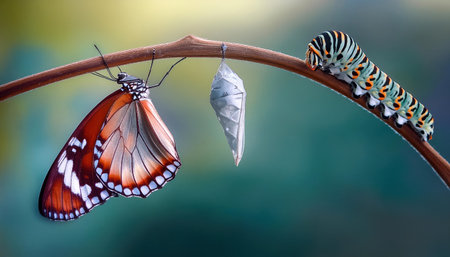 Butterfly emerging from a chrysalis on a twigの素材
