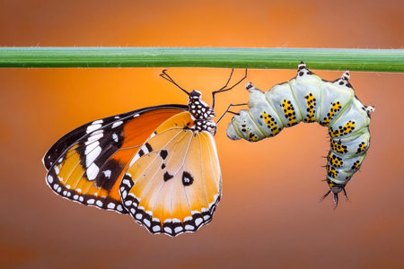 Butterfly and caterpillar mating on a blade of grass.の素材