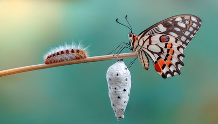 Butterfly larva and pupa on a twig.の素材