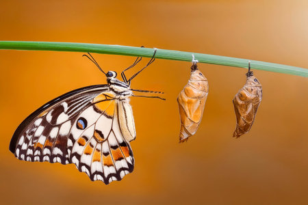 Papilio demoleus, common tiger butterfly and chrysalis on stemの素材