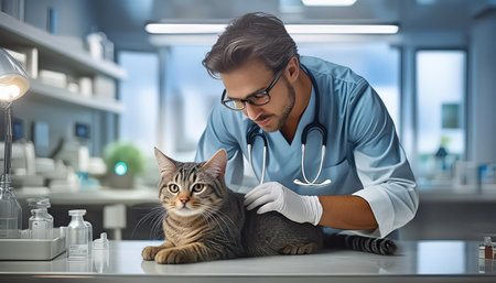 Veterinarian examining a cat in a veterinary clinic. health care conceptの素材