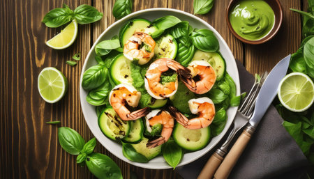 Green salad with shrimps, avocado and basil on wooden tableの素材