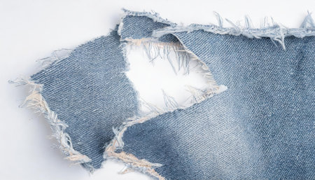Piece of blue jeans fabric isolated on white background. Rough uneven edges.の素材
