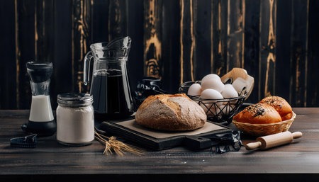 Composition with fresh bread, milk and eggs on a wooden backgroundの素材