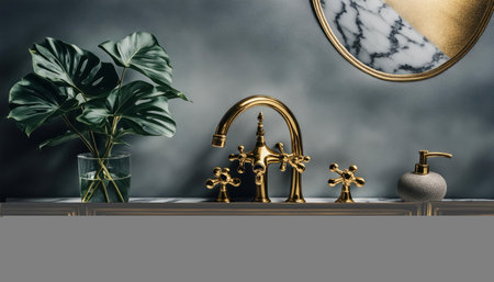 Golden faucet and mirror on the table. 3d renderingの素材