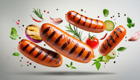 Flying sausages with vegetables and spices on gray background. top viewの素材