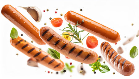 Grilled sausages with spices and vegetables isolated on white backgroundの素材