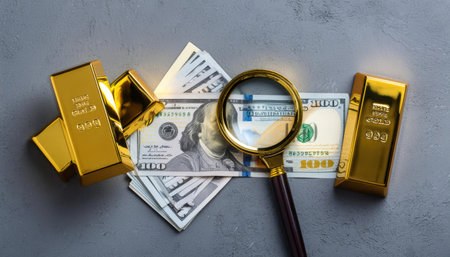 Gold bars, dollar bills and magnifying glass on gray background.の素材