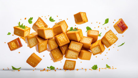 Falling cheese cubes with spices and herbs isolated on white background.の素材