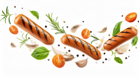 Grilled sausages with spices and vegetables flying on white backgroundの素材