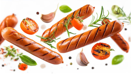 Grilled sausages with vegetables and spices on a white backgroundの素材