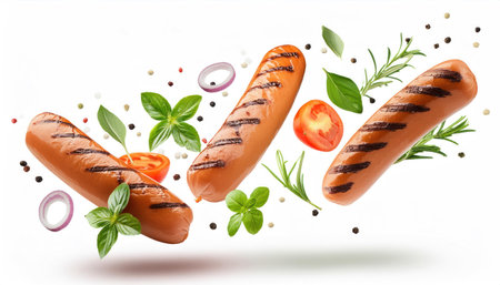 Grilled sausages with vegetables and herbs flying on white backgroundの素材