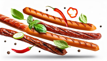 Grilled sausages with vegetables and spices isolated on white backgroundの素材