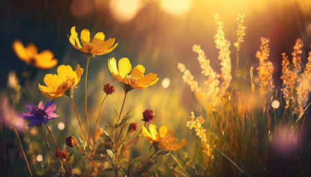 Beautiful flowers in the meadow at sunset. Nature background.の素材