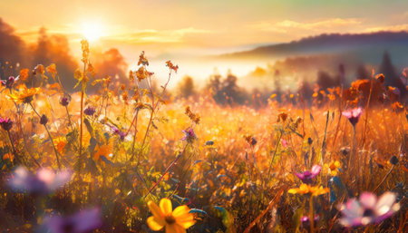 Beautiful meadow with flowers at sunset. Nature background. Selective focus.の素材