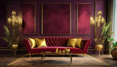 Luxury red velvet sofa in classic interior. 3D renderingの素材
