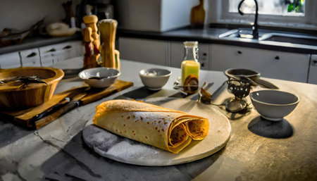 Homemade crepes in a rustic kitchen. Selective focus.の素材