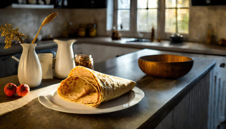 Pancakes on the table in the kitchen of a modern houseの素材