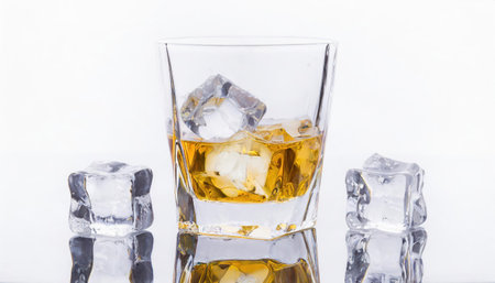 whiskey with ice cubes on a white background close-upの素材
