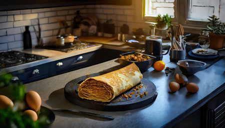 Homemade crepes on a black plate in the kitchen at homeの素材