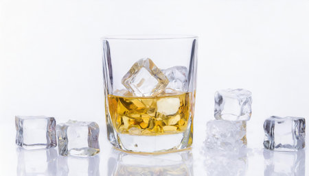 Glass of whiskey with ice cubes on white background, close-upの素材