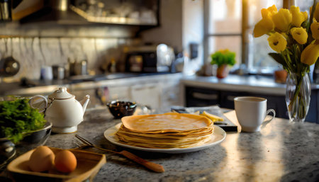 A stack of pancakes on a table in the kitchen at home.の素材