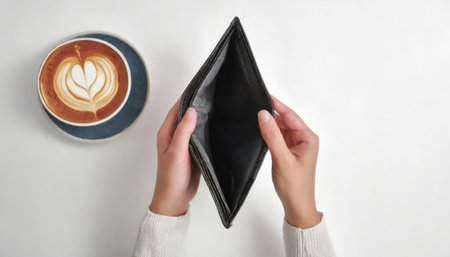 Female hands holding a wallet with a cup of coffee on a white backgroundの素材