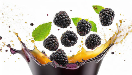 Blackberries falling into a glass of juice with splashes isolated on white backgroundの素材