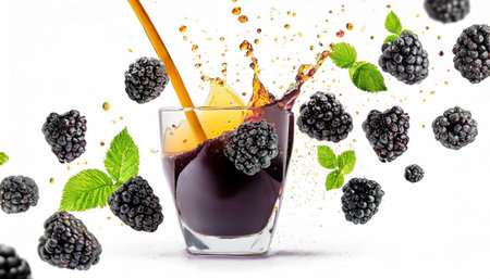 Blackberry juice splashing out of a glass isolated on white backgroundの素材