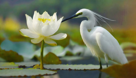 White egret and lotus flower in the pond, Thailand.の素材