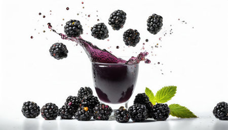 Blackberry juice splashing out of a glass on a white backgroundの素材