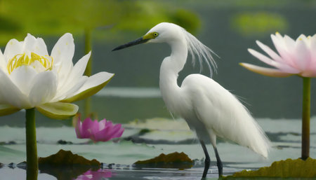Little egret and water lily in the pond, Thailand.の素材