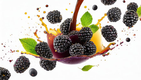 Blackberry juice splash with fresh berries and leaves isolated on white backgroundの素材