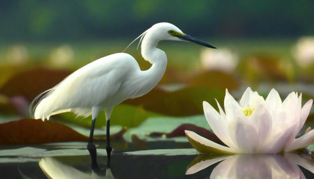 Little egret and water lily in the pond, Thailand.の素材
