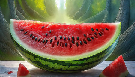 Watermelon slices in a glass bowl on a wooden table against a dark backgroundの素材