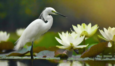 Little egret looking for food in the lotus pond, Thailand.の素材