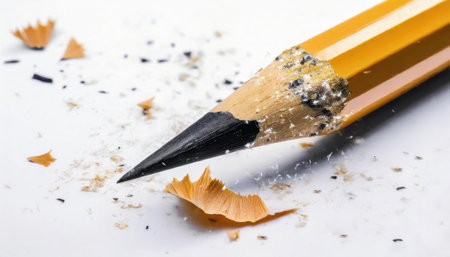 Pencil with shavings and sharpening shavings on white backgroundの素材