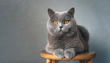 British shorthair cat sitting on a stool and looking at the cameraの素材