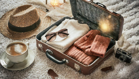 Suitcase with warm clothes, sunglasses and hat on carpet at homeの素材