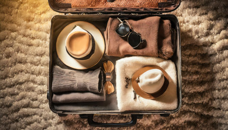 Open travel suitcase with clothes and accessories on carpet background. top viewの素材