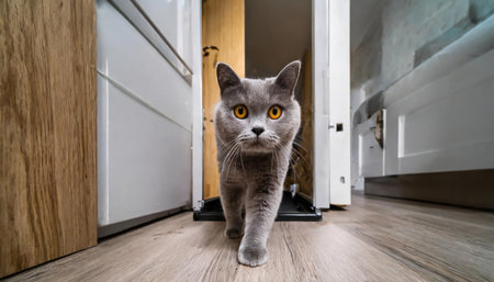 British shorthair cat stands in front of the door at home.の素材