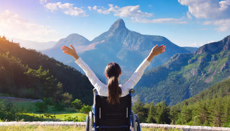 Young woman in wheelchair with raised hands in front of the mountains.の素材