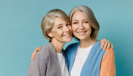 Portrait of smiling senior mother and adult daughter embracing and looking at cameraの素材