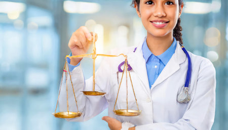 Indian female doctor holding scales of justice over hospital background. concept of law and justiceの素材