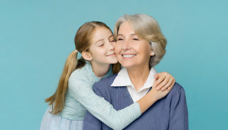 Grandmother and granddaughter hugging each other, isolated on blue background.の素材