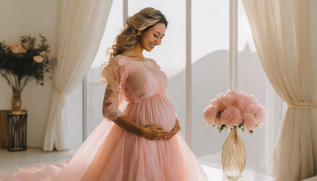 Beautiful pregnant woman in a pink dress with a bouquet of flowers in the interiorの素材