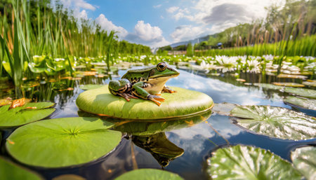 Frog on the lotus leaf in the pond, nature backgroundの素材