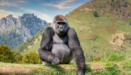A Western Lowland Gorilla sitting on a log with a mountain in the backgroundの素材