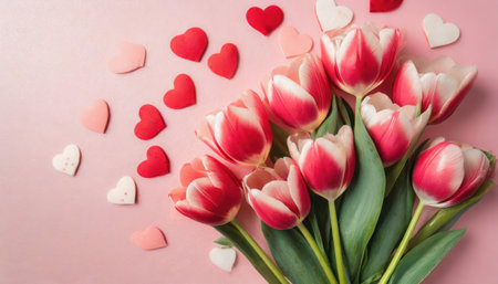 Bouquet of pink tulips and red hearts on pink backgroundの素材